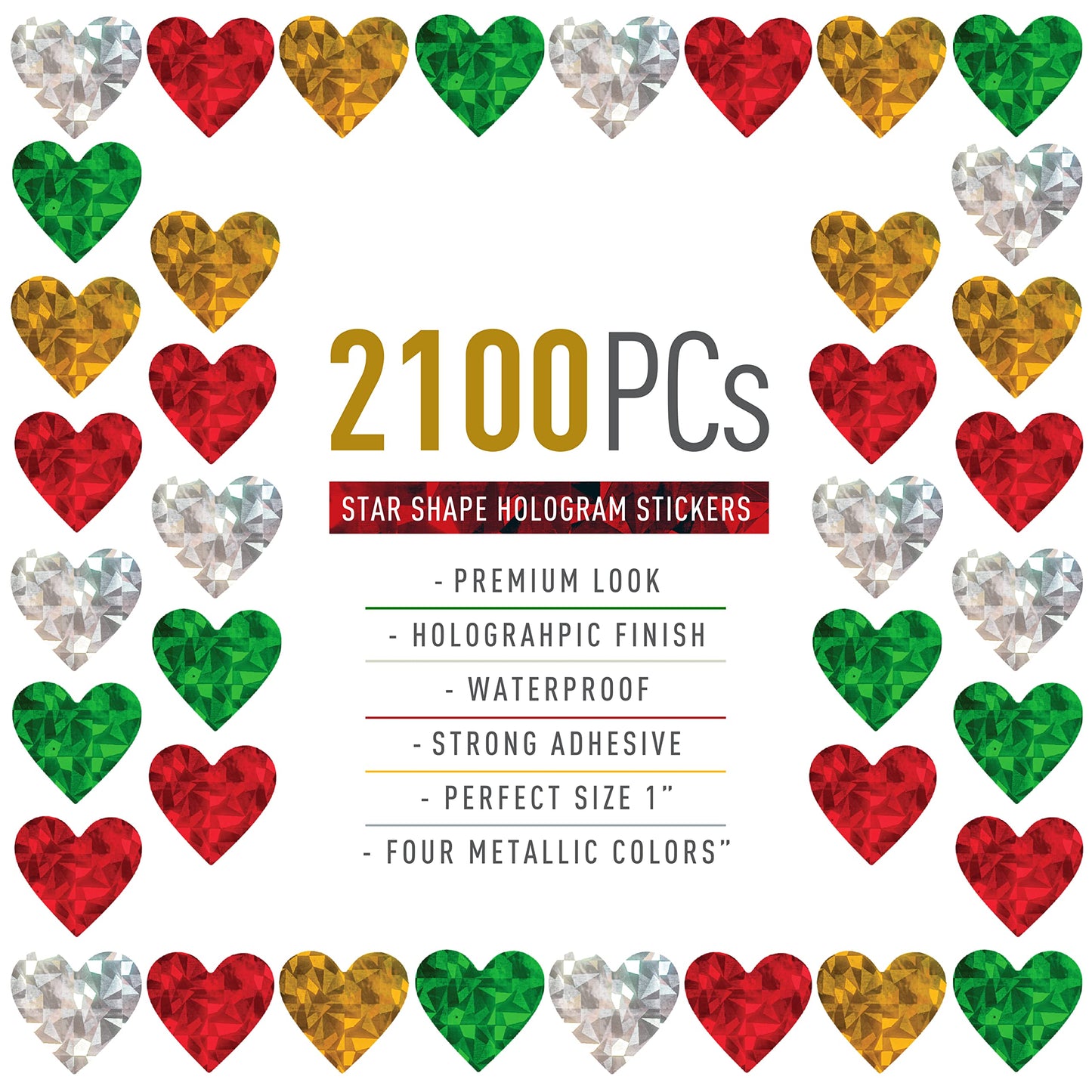 easykart labels 2100 Heart Stickers with Glitter Holographic Gravel Pattern Red, Green,Silver & Gold Sparkling Adhesive Heart Sticker Labels, Love Stickers