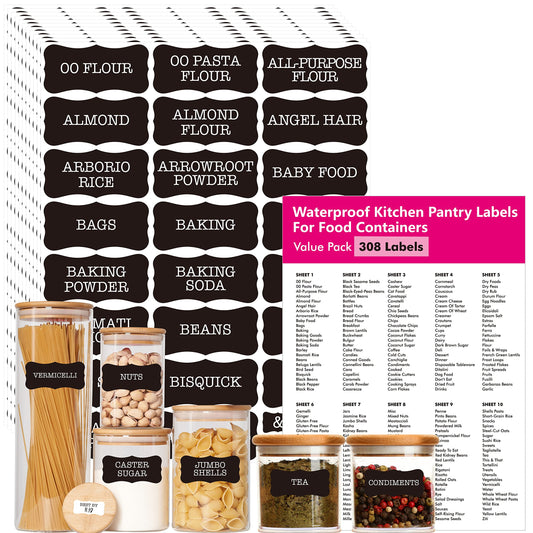 Hebayy 308 Pantry Food Labels, 280 Preprinted Flour Pasta Lentil Grain Condiment Oil Stickers, 28 Blank Ones, Waterproof Oil&Tear Resistant, No Residue for Kitchen Containers Jars(White on Black) Style 4