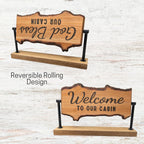 Rustic Cabin Wood Table Roller with Reversible Signs