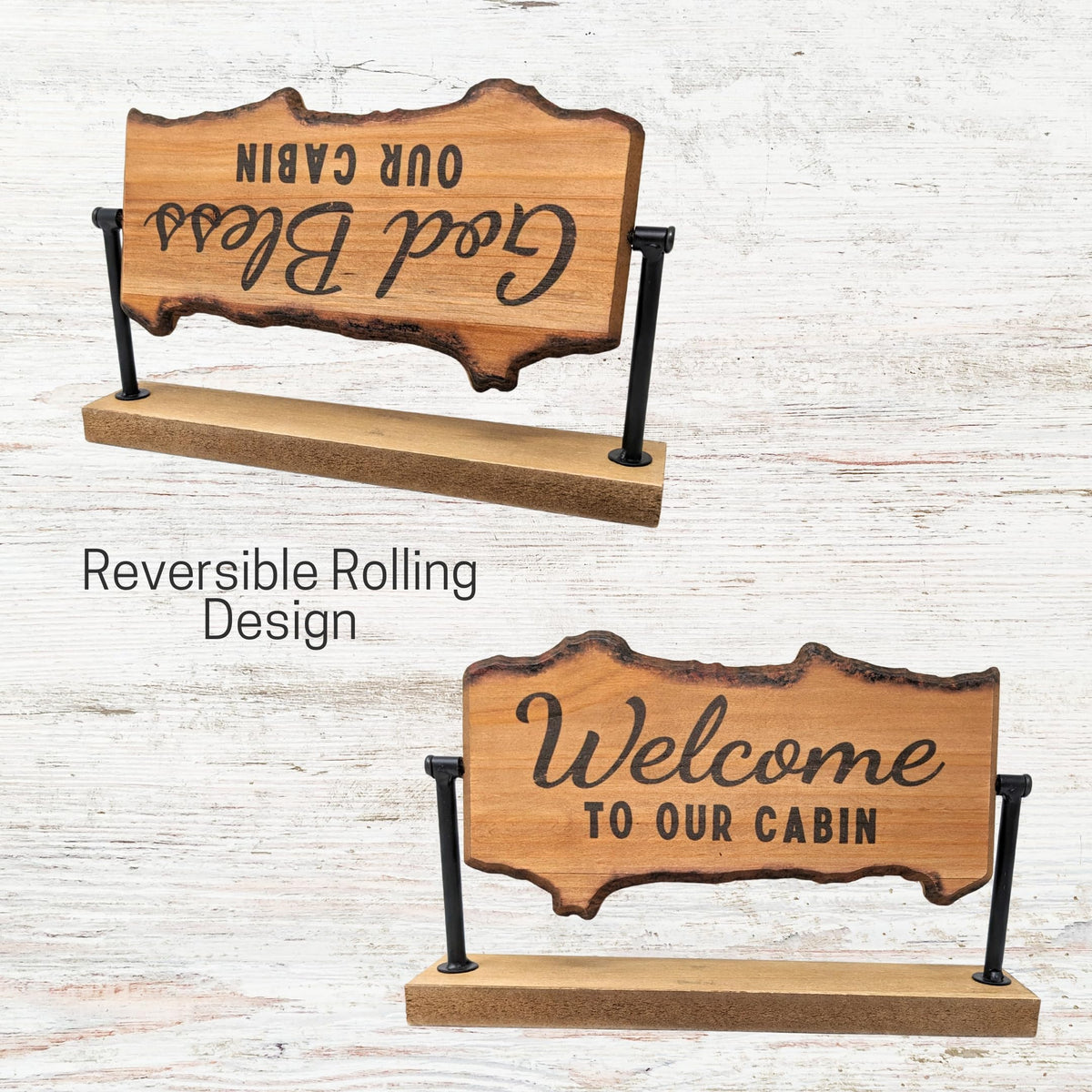 Rustic Cabin Wood Table Roller with Reversible Signs