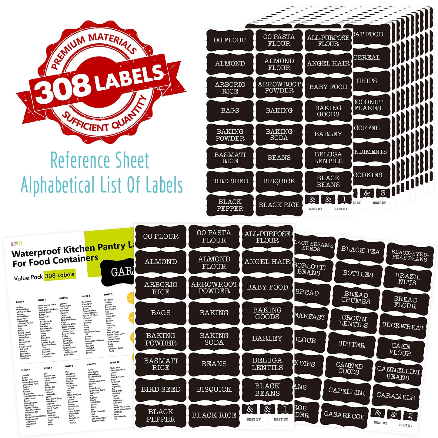 Hebayy 308 Pantry Food Labels, 280 Preprinted Flour Pasta Lentil Grain Condiment Oil Stickers, 28 Blank Ones, Waterproof Oil&Tear Resistant, No Residue for Kitchen Containers Jars(White on Black) Style 4