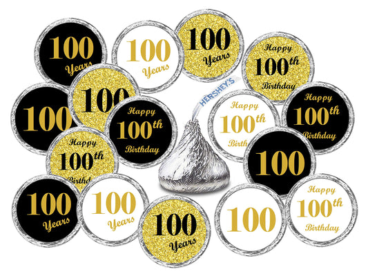 100th Birthday Kisses Stickers, (Set of 324) Chocolate Drops Labels Stickers for 100 Birthday, Party Favors Decor for Kisses. Made in USA, 9 Designs (36 Stickers of Each)