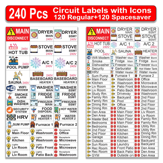 240 Pcs Circuit Identification Labels Markers Stickers Decals with Icons (Regular + Spacesaver 240 Pcs)