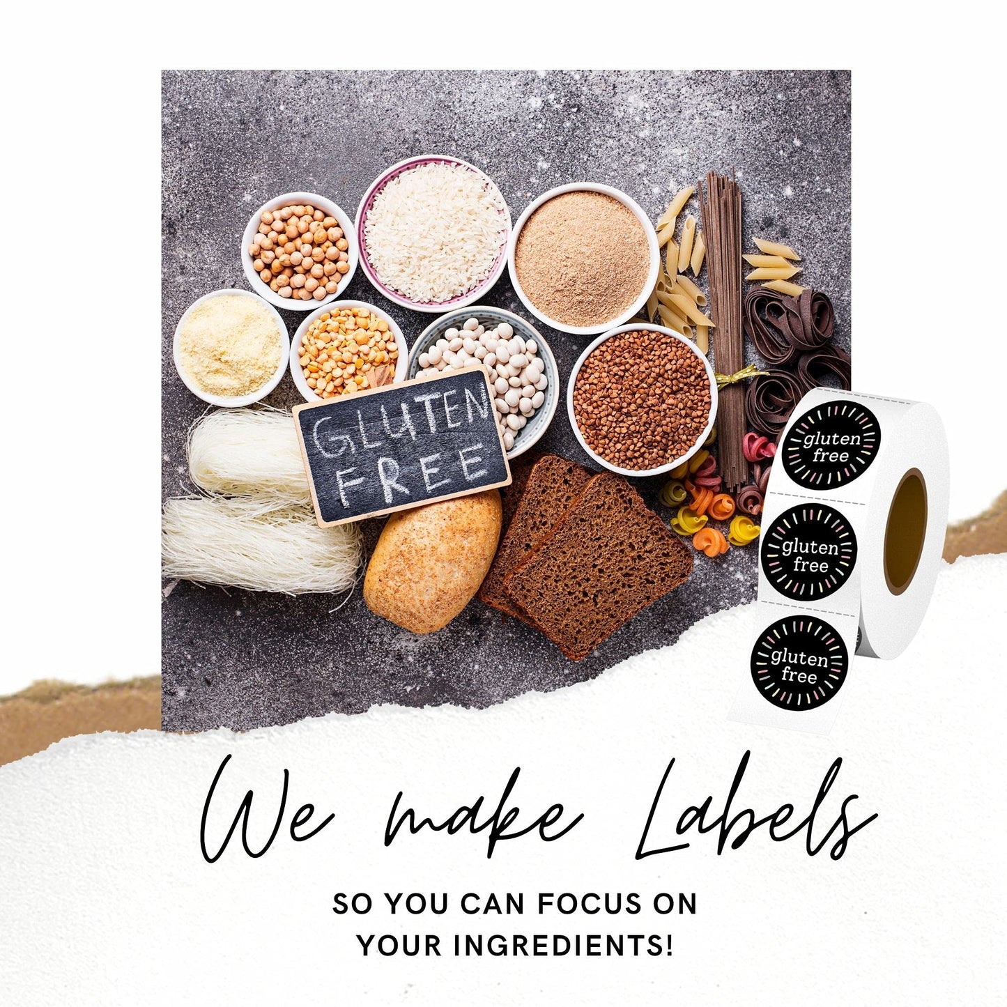 Mobiusea Creation Gluten Free Stickers Roll | 1.5 Inch | Waterproof | 500pcs Gluten Free Labels for Cookie Cupcake Stickers Homemade Bakery Bread Bags Labels Baked Goods Packaging