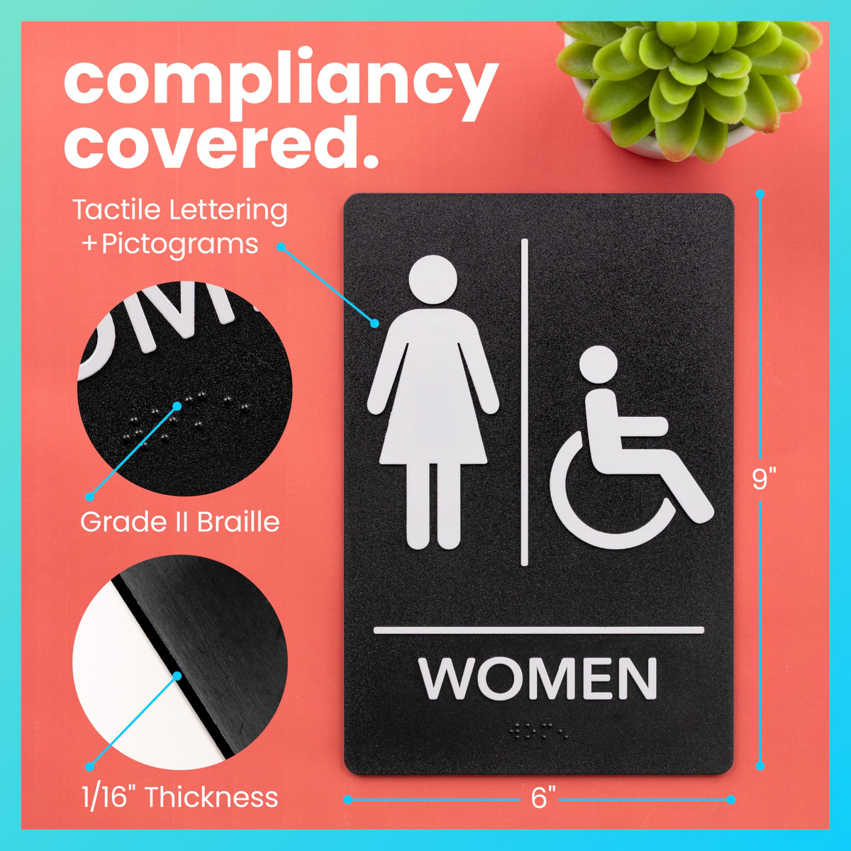 ExcelMark Restroom Sign for Business - ADA Compliant Braille Bathroom Sign with Double Sided Tape to Secure Perfectly in Less Than a Minute - Size 9 x 6 Inch (Men's & Women's Handicap Set) Men's & Women's Handicap Set