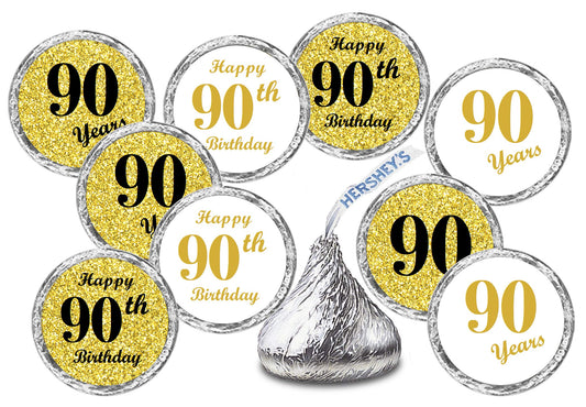 90th Birthday Gold Kisses Stickers, (Set of 324) Chocolate Drops Labels Stickers for Birthday Party, Party Favors Decor for Kisses. Made in USA