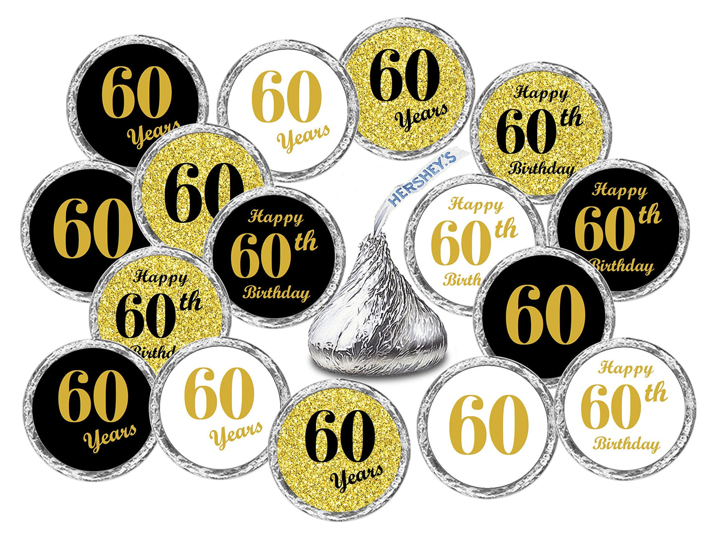 60th Birthday Kisses Stickers, (Set of 324) Chocolate Drops Labels Stickers for 60th Birthday, Party Favors Decor for Hershey's Kisses. Made in USA, 9 Designs (36 Stickers of Each)