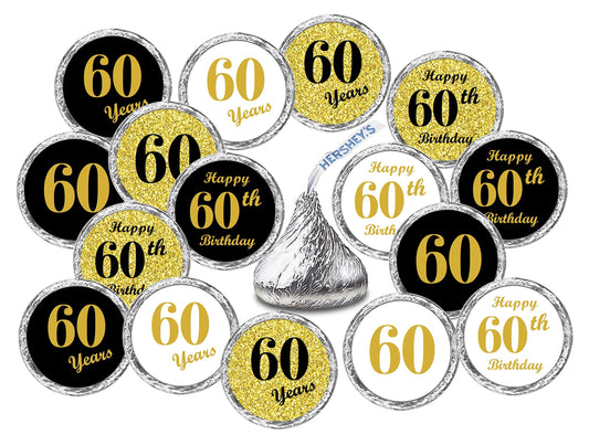 60th Birthday Kisses Stickers, (Set of 324) Chocolate Drops Labels Stickers for 60th Birthday, Party Favors Decor for Hershey's Kisses. Made in USA, 9 Designs (36 Stickers of Each)
