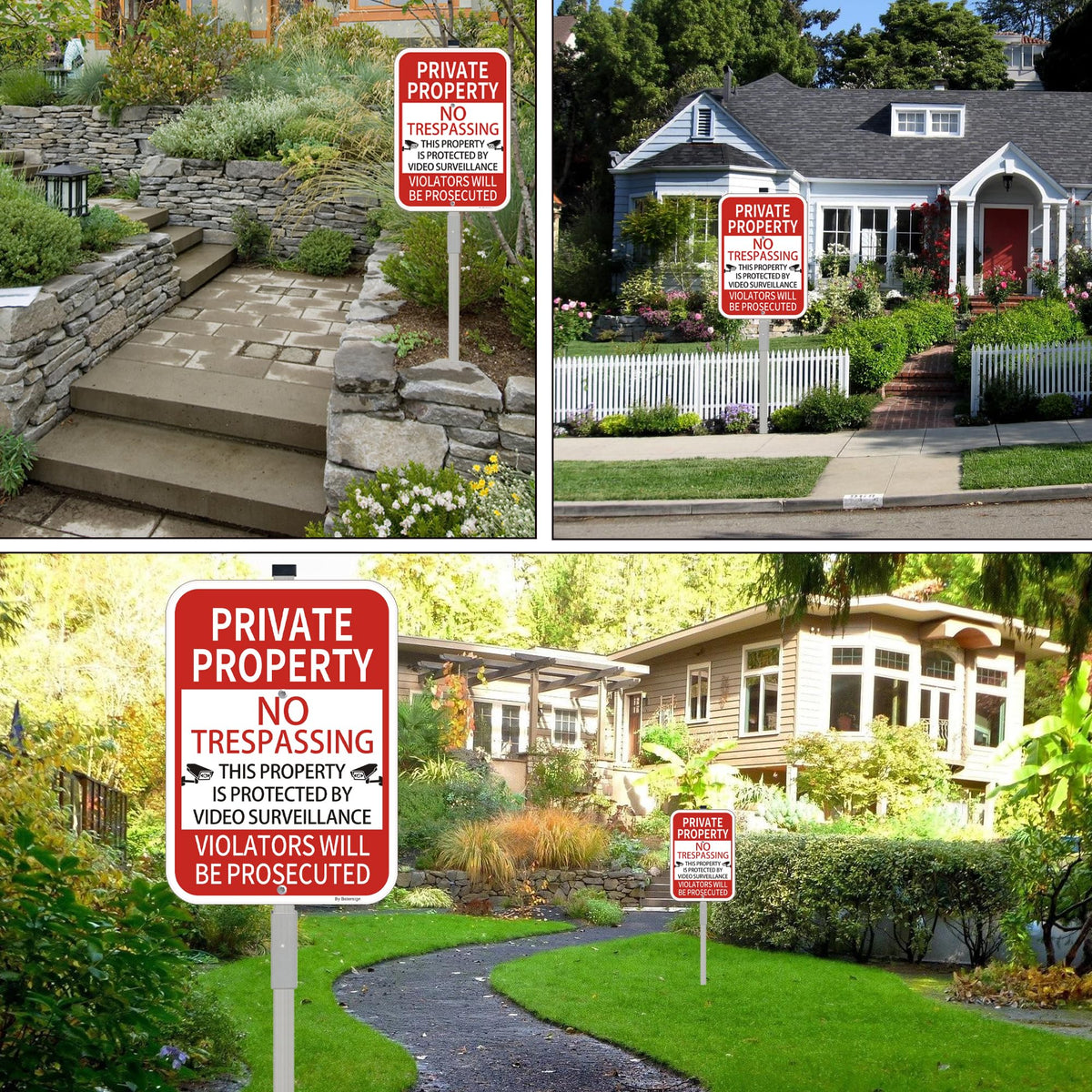 2Pack No Trespassing Private Property Sign with 36-Inch Stakes, 10x14 Inches Video Surveillance Warning Sign, Rust Free Reflective Aluminum 2 Pack with stake（Red）