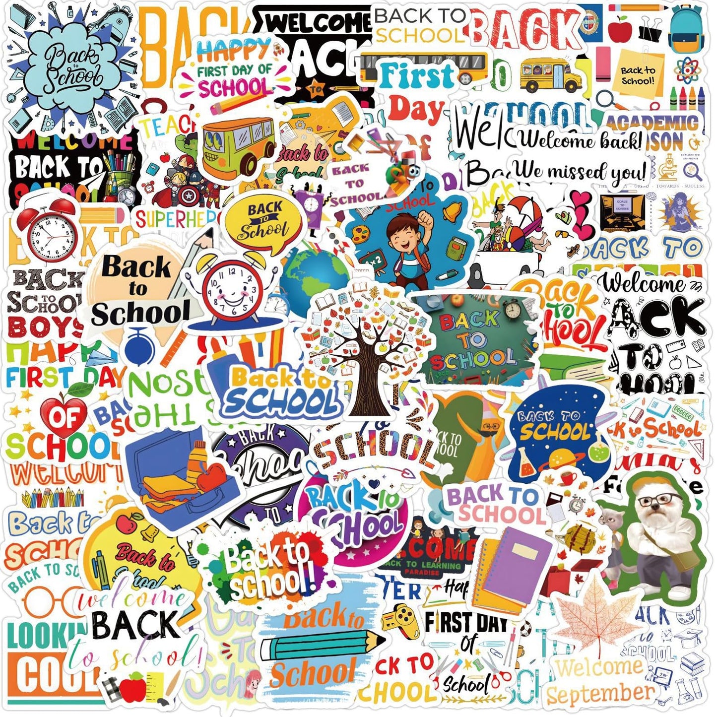Back to School Gift Sticker School Tags Label Stickers Self-Adhesive Student Teacher Stickers Decal Pencil School Bag Bus Decal Design for Kid Boy Girls Party Favors Gifts Inspirational Letter