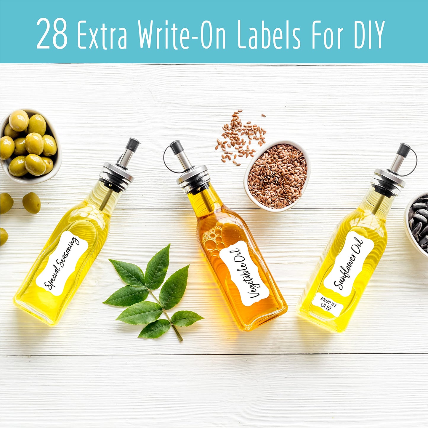 Hebayy 308 Pantry Food Labels, 280 Preprinted Flour Pasta Lentil Grain Condiment Oil Stickers, 28 Blank Ones, Waterproof Oil&Tear Resistant, No Residue for Kitchen Containers Jars(White on Black) Style 4