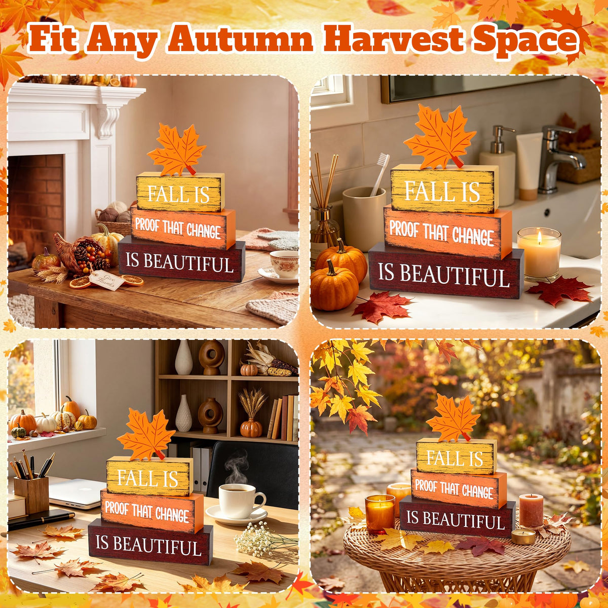 4 Pcs Fall Wooden Decor, Fall Table Decorations Gifts for Home A-Beautiful for Fall