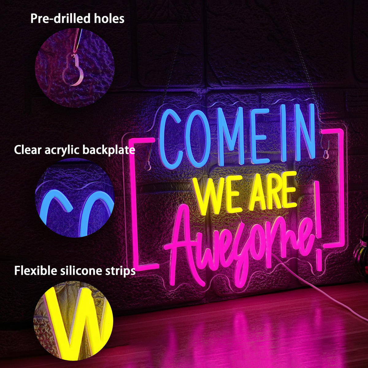 Come In We Are Awesome Neon Sign Usb Powered Positive Quotes Neon Light for Wall Decor Dimmable Open Come In Light Sign for Bar Coffee Hotel Shop Pub Store(15.75 * 12.6In)