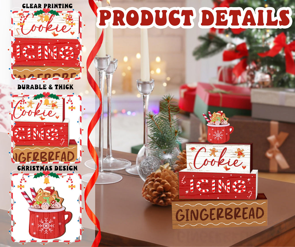 4 Pcs Hot Cocoa Christmas Decor, Gingerbread Table Decorations, Christmas Tiered Tray Desk Decor Gifts, Cookie Icing Winter Wooden Stack Block Signs Table Centerpiece For Farmhouse Office -B10 Cookie Hot Cocoa