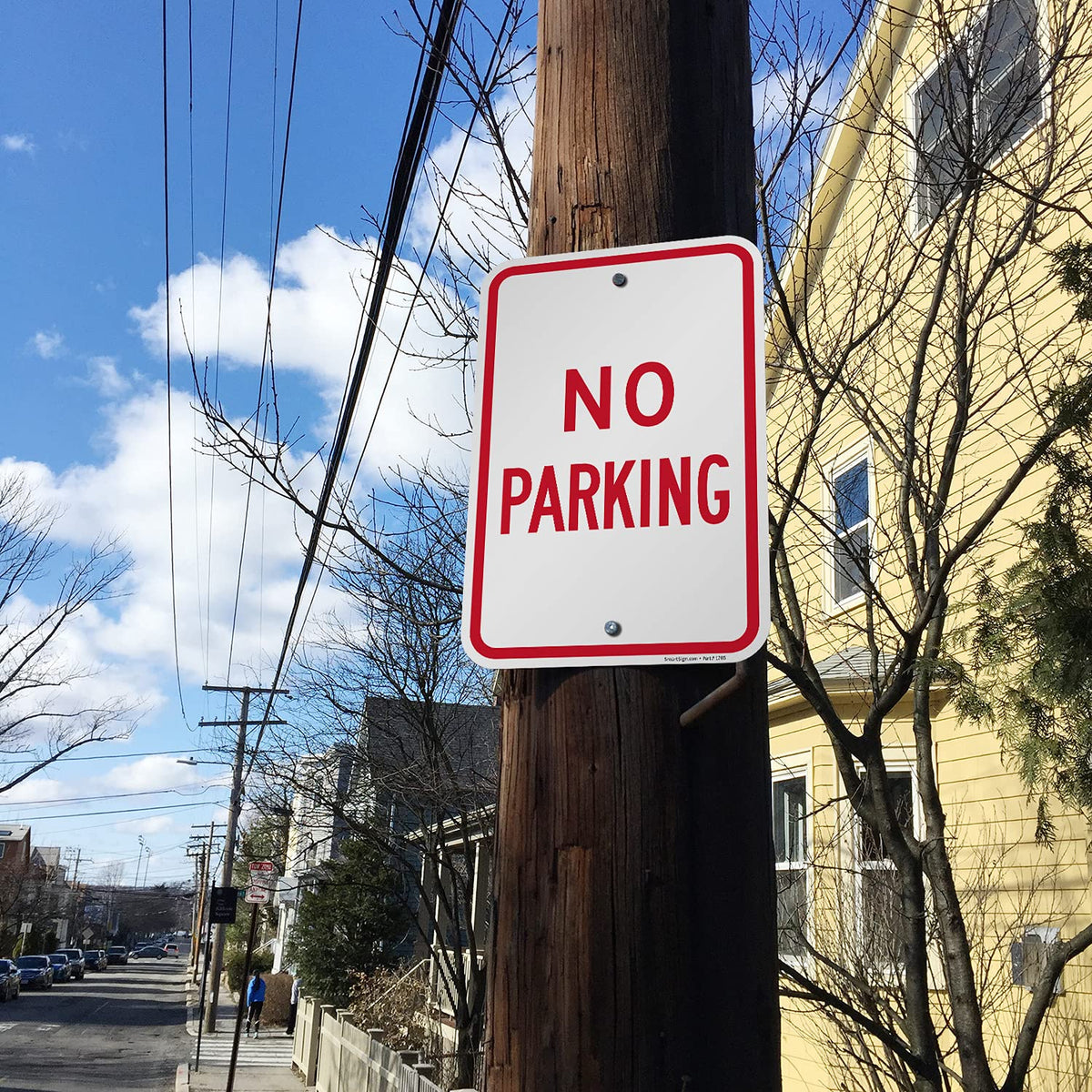 SmartSign 18 x 12 inch “No Parking” Metal Sign with Pre-Cleared Holes, Screen Printed, 63 mil Laminated Rustproof Aluminum, Red and White