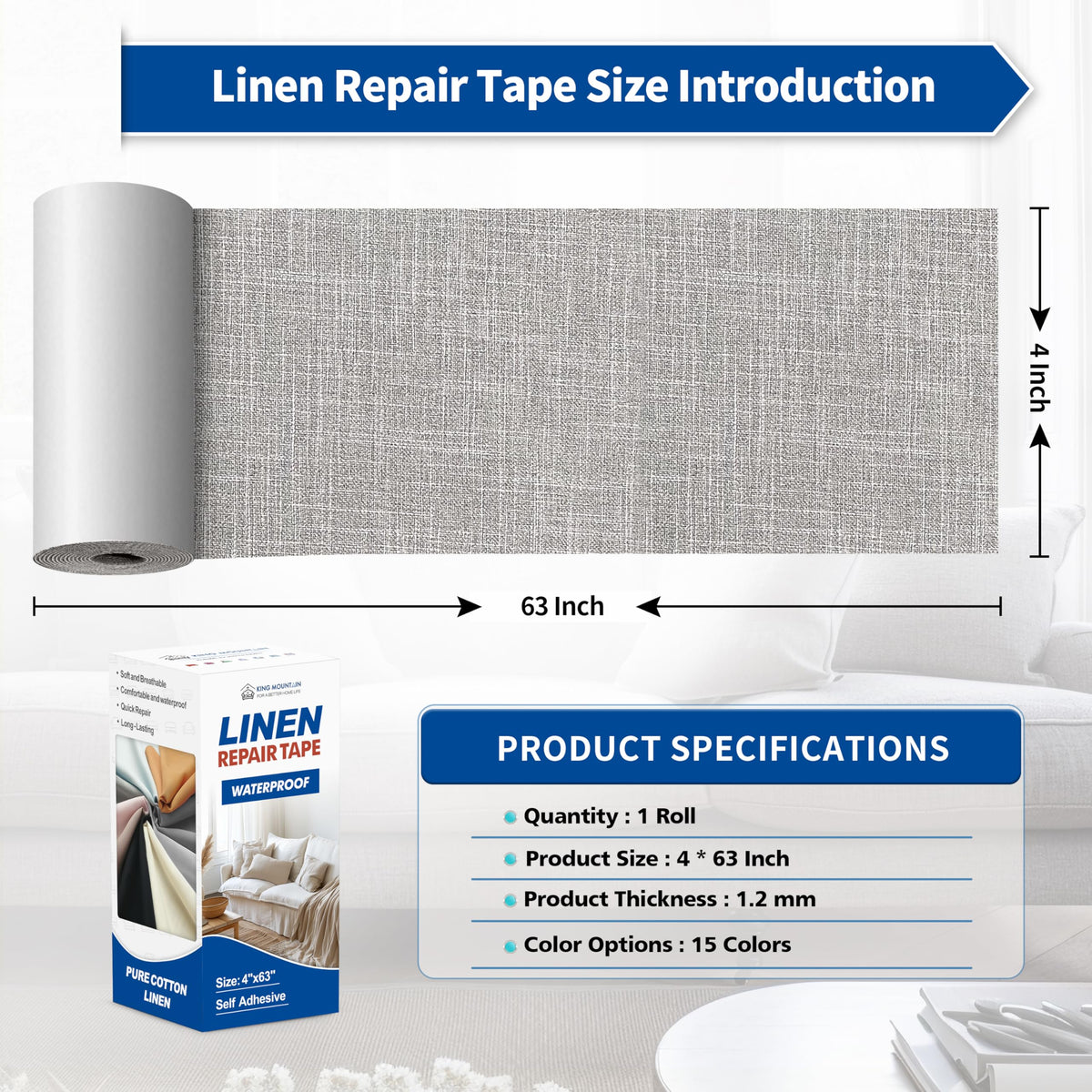KING MOUNTAIN Linen Repair Patches, Self-Adhesive Fabric Patches, 4 X 63 inch Extra Size, Multi Color, Can be Used for Sofa Repair (Light Grey 2.0) 4" Wx 63"L Light Grey 2.0