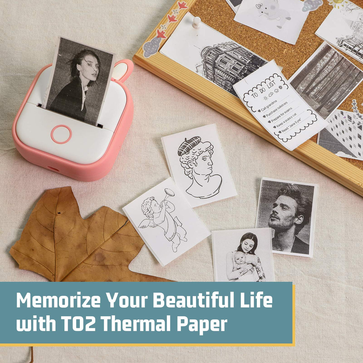 Memoking T02/M02X/M02L White Thermal Paper-10-Year Sticky 50mmx3.5m for Journal Photo Texts Study Notes and More, 3 Rolls and T02 Bunny Case