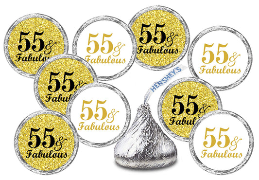 55 & Fabulous Birthday Gold Kisses Stickers, (Set of 216) Chocolate Drops Labels Stickers for Birthday Party, Party Favors Decor for Kisses. Made in USA