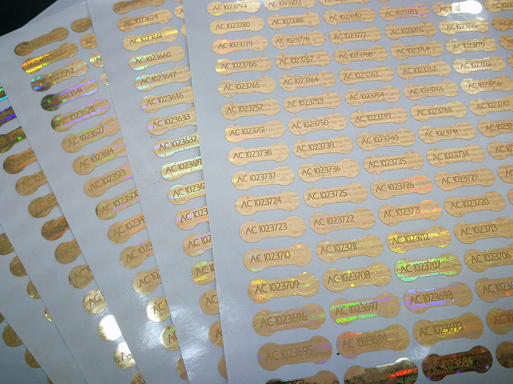 1000 pcs Gold Security Hologram Labels 0.78 x 0.27 inches, Void Warranty Stickers Tamper evident Seals Dogbone with Serial Numbers