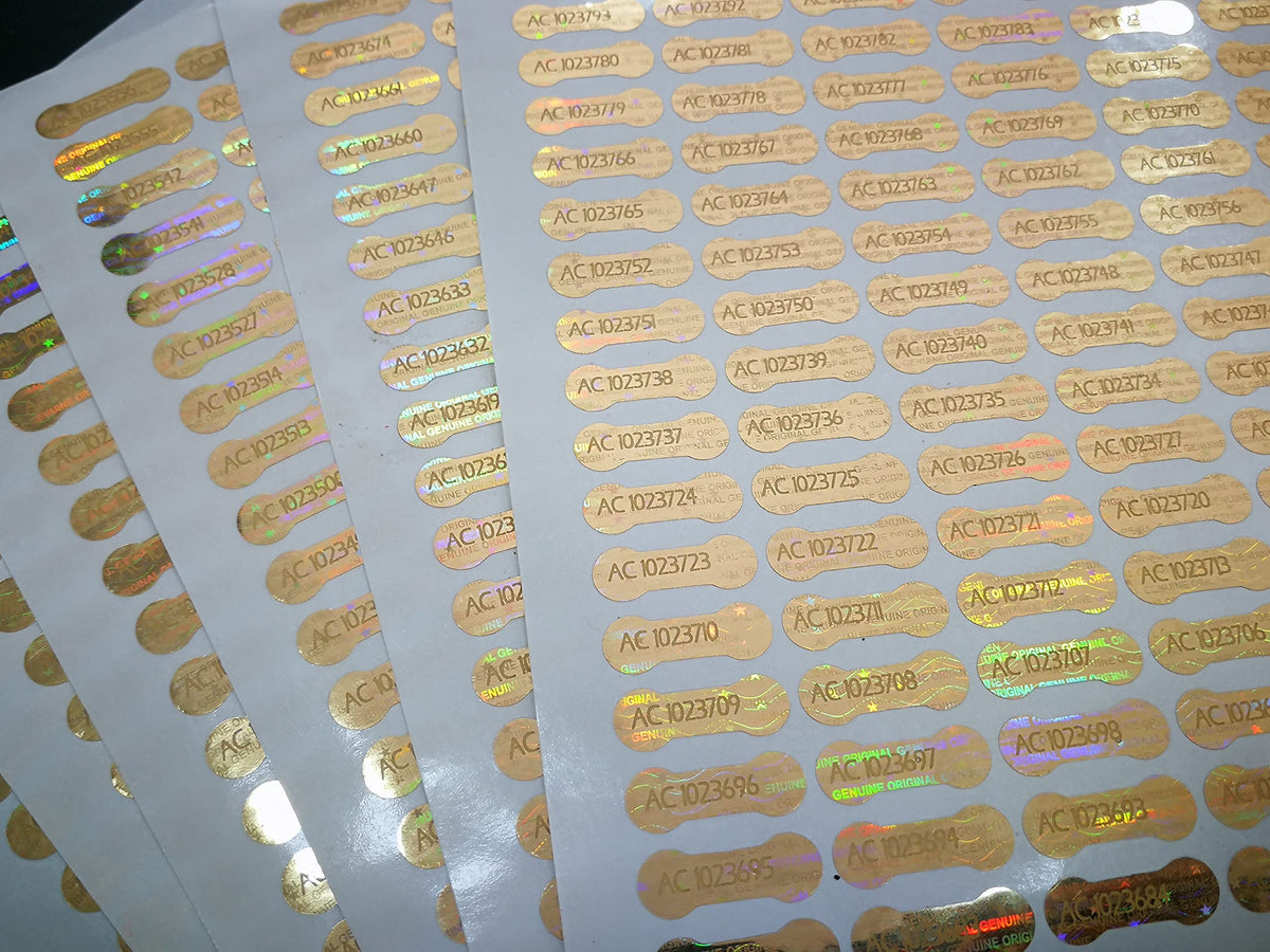 1000 pcs Gold Security Hologram Labels 0.78 x 0.27 inches, Void Warranty Stickers Tamper evident Seals Dogbone with Serial Numbers