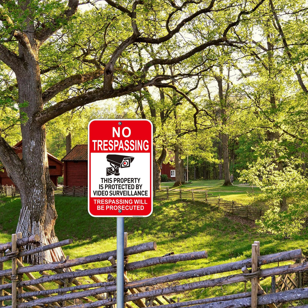 2 PC No Trespassing Signs Private Property, 18"x12" Video Surveillance Sign Red