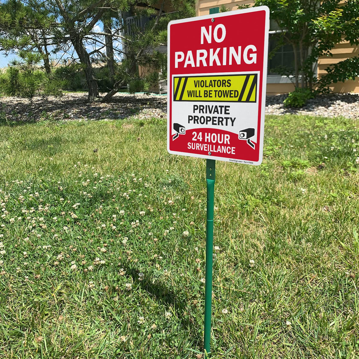 SmartSign 12" x 10" 'No Parking Violators Towed Private Property 24 Hour Surveillance' Yard Sign with 3 ft Stake, 40 mil Aluminum, 3M Laminated Engineer Grade Reflective, Set of 1 10" x 12" Reflective Aluminum Sign with 3' Stake