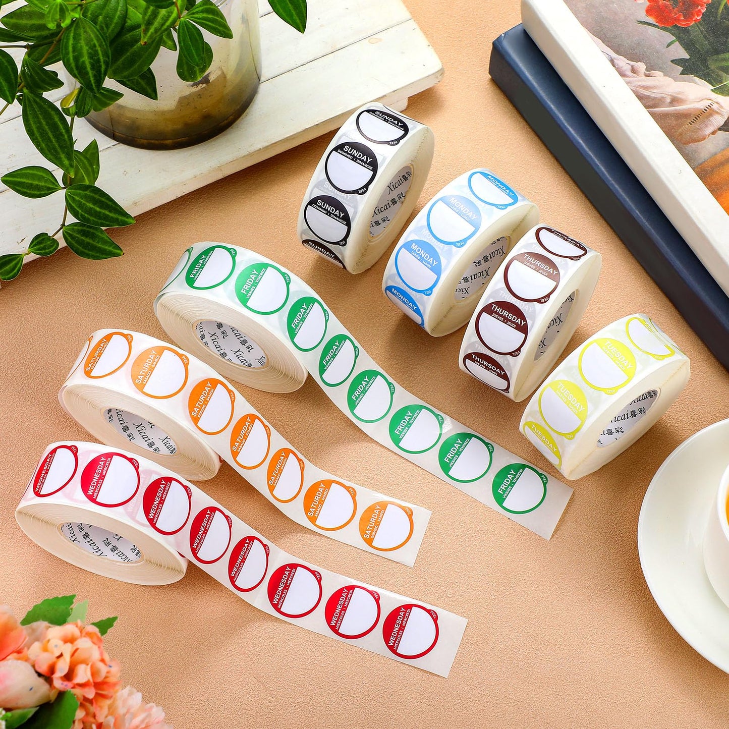 7000 Pcs Day of The Week Labels Food Labels Monday Through Sunday Management Inventory Stickers Removable Weekly Self Adhesive Date Dot Stickers for Restaurant Kitchen Containers Dispenser Round