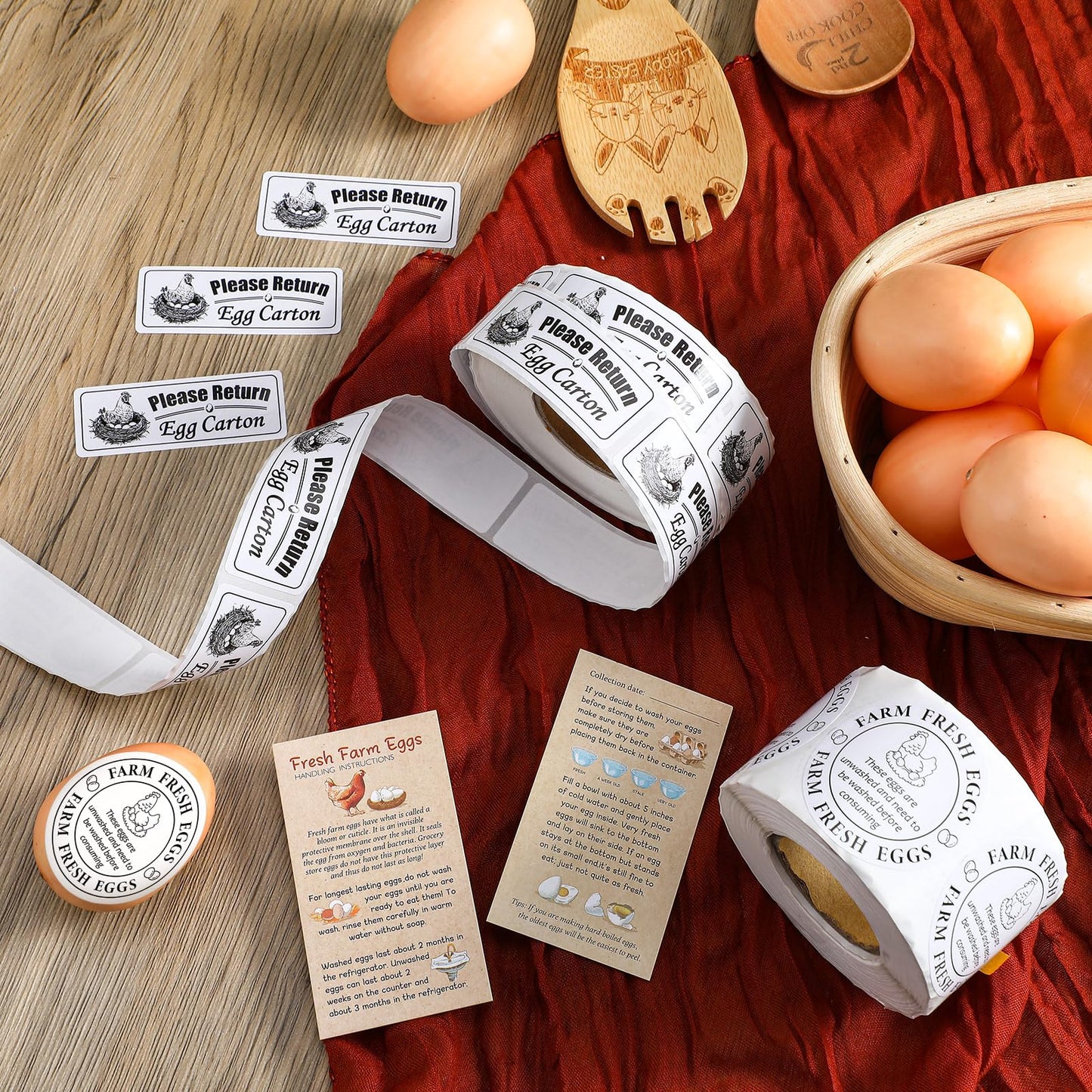 Fresh Farm Egg Packaging Set Include 500 Pcs Farm Fresh Eggs Carton Labels Roll 200 Pcs Double Sided Egg Handling Instruction Cards 500 Pcs Please Return Egg Carton Labels Stickers Roll