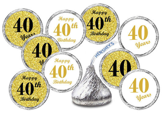 40th Birthday Gold Kisses Stickers, (Set of 324) Chocolate Drops Labels Stickers for Birthday Party, Party Favors Decor for Kisses. Made in USA