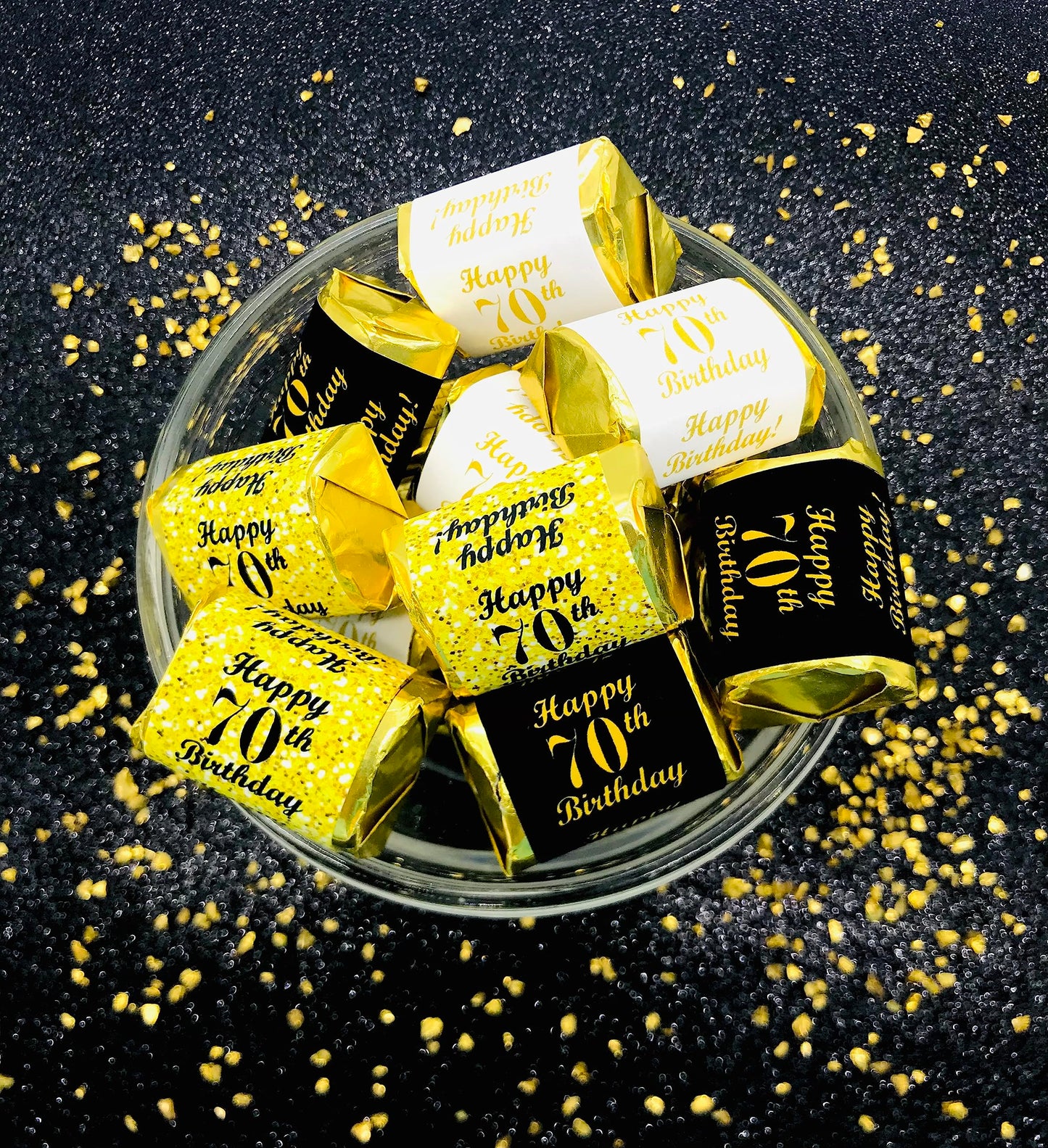 70th Birthday Nuggets Labels, Chocolate Candy Wrapper, (Set of 90) Candy Stickers; 3 Designs: 30 Gold, 30 Black, 30 White, Candy Not Included