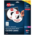 Avery Printable CD Labels, Matte White, Removable Adhesive, Laser & Inkjet Printer Compatible, 50 Disc & 100 Spine Labels, Ideal for CDs, DVDs, PC Discs, Media Projects & More (5931) 0