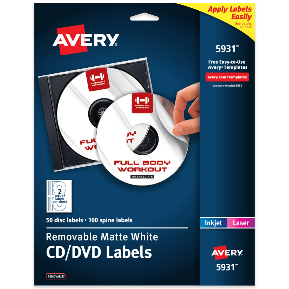Avery Printable CD Labels, Matte White, Removable Adhesive, Laser & Inkjet Printer Compatible, 50 Disc & 100 Spine Labels, Ideal for CDs, DVDs, PC Discs, Media Projects & More (5931) 0