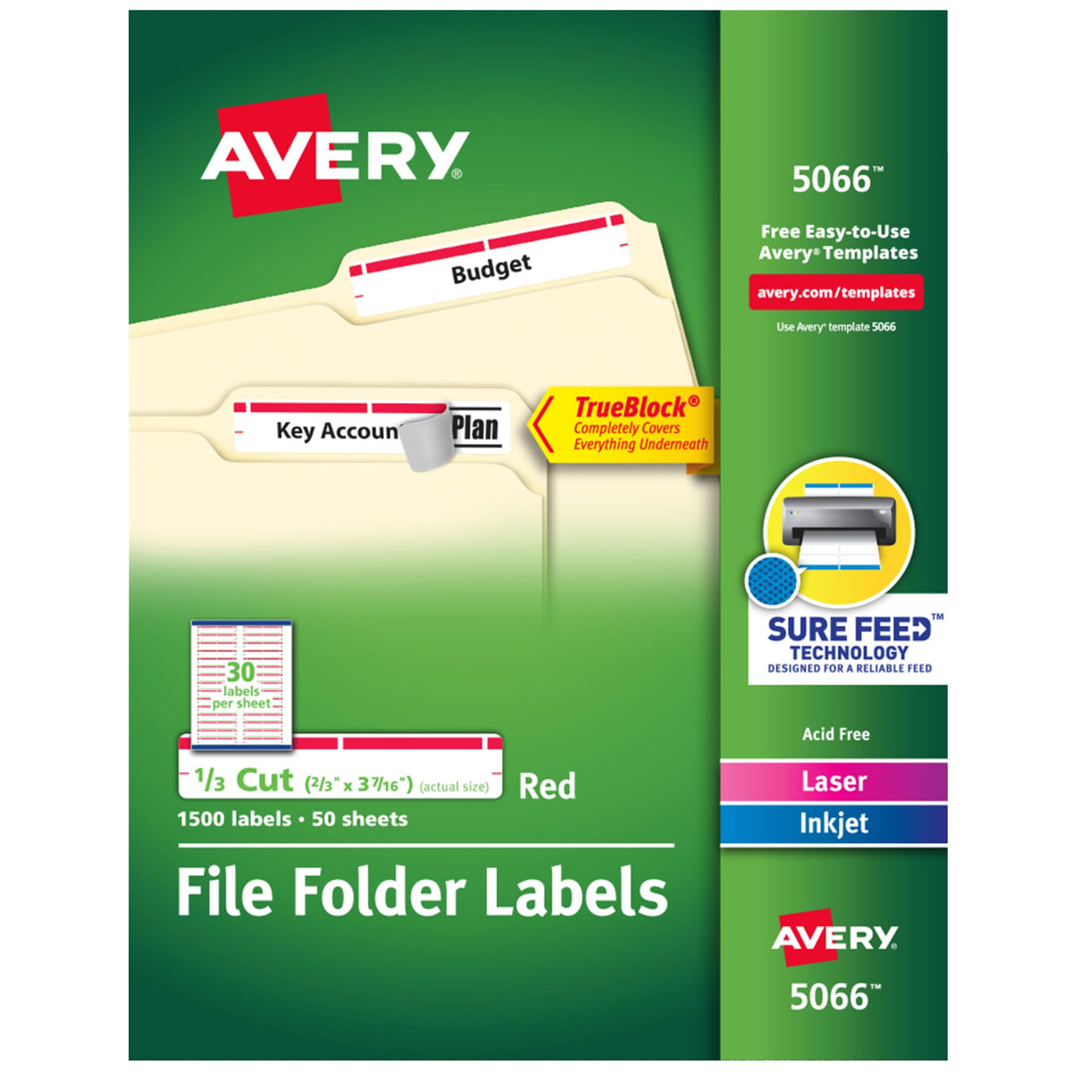 Avery® TrueBlock® File Folder Labels, 2/3" x 3-7/16", 1,500 Printable Labels, White/Red, Permanent (5066)