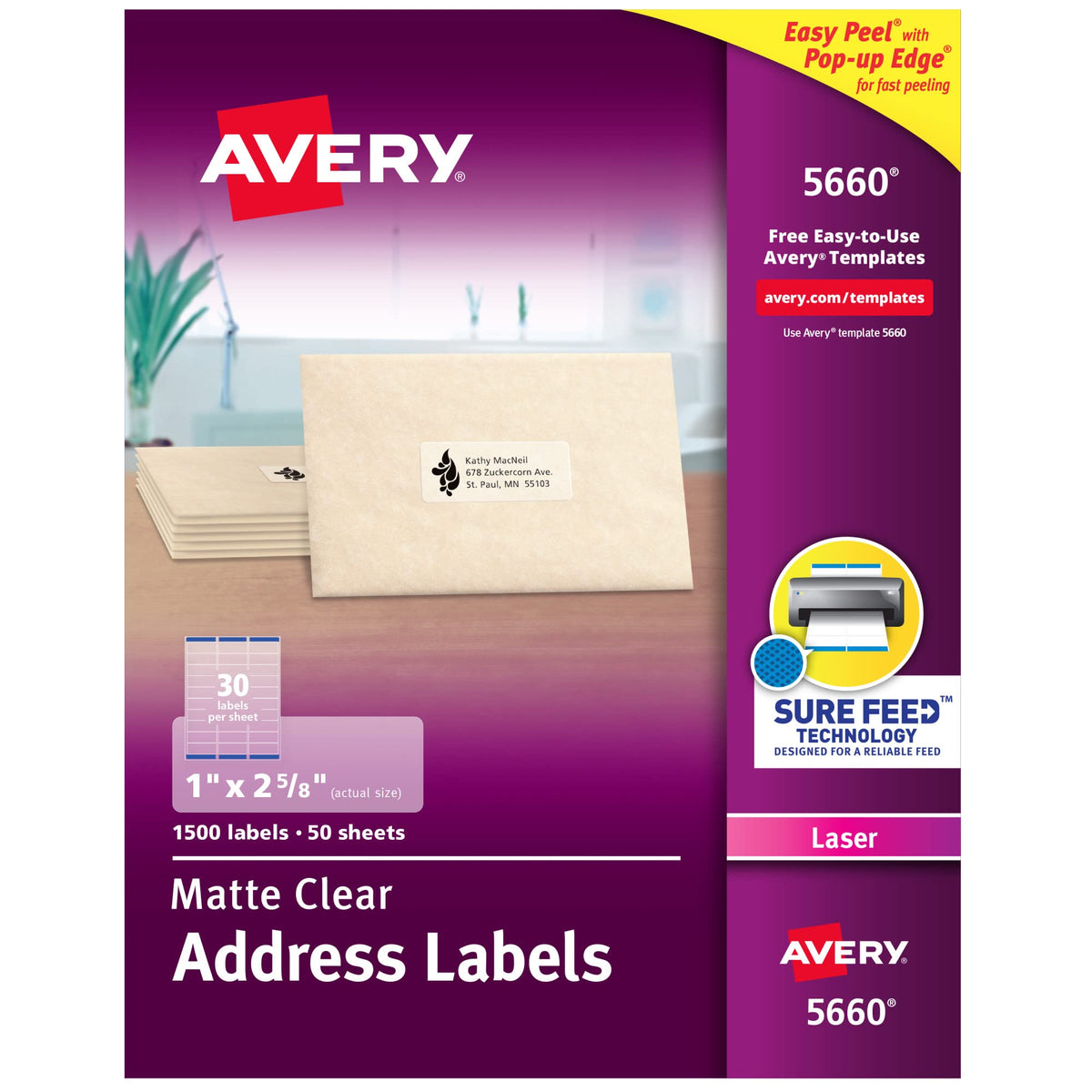 Avery Printable Address Labels with Sure Feed Technology, 1" x 2-5/8", Matte Clear, Compatible with Laser Printers, 1,500 Blank Labels Total, Great for Mailing, Branding, and More (5660) 1" x 2 5/8" 1,500 labels