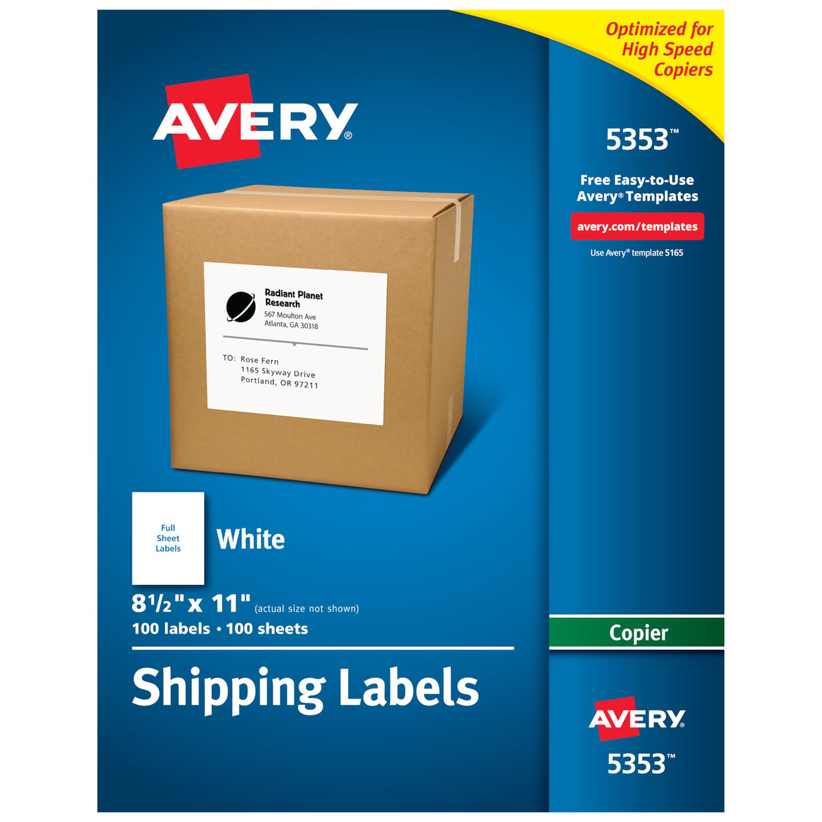 Avery Printable Shipping Labels for Copiers, 8.5" x 11", White, 100 Blank Mailing Labels (5353) 0