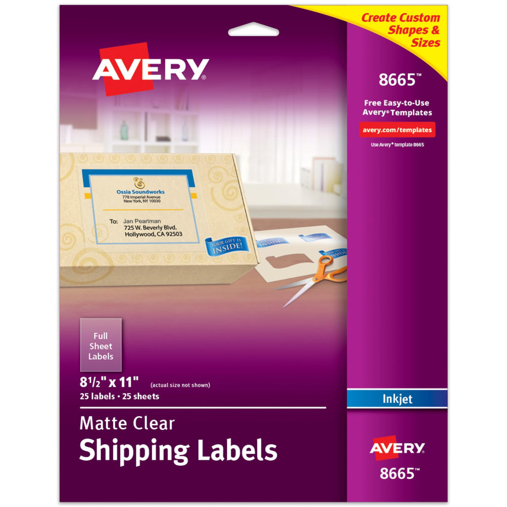 Avery Full Sheet Printable Shipping Labels, 8.5" x 11", Matte Clear, Inkjet, Create Custom Labels Using Scissors or Electronic Cutting Machines, 25 Total (8665) 25 labels