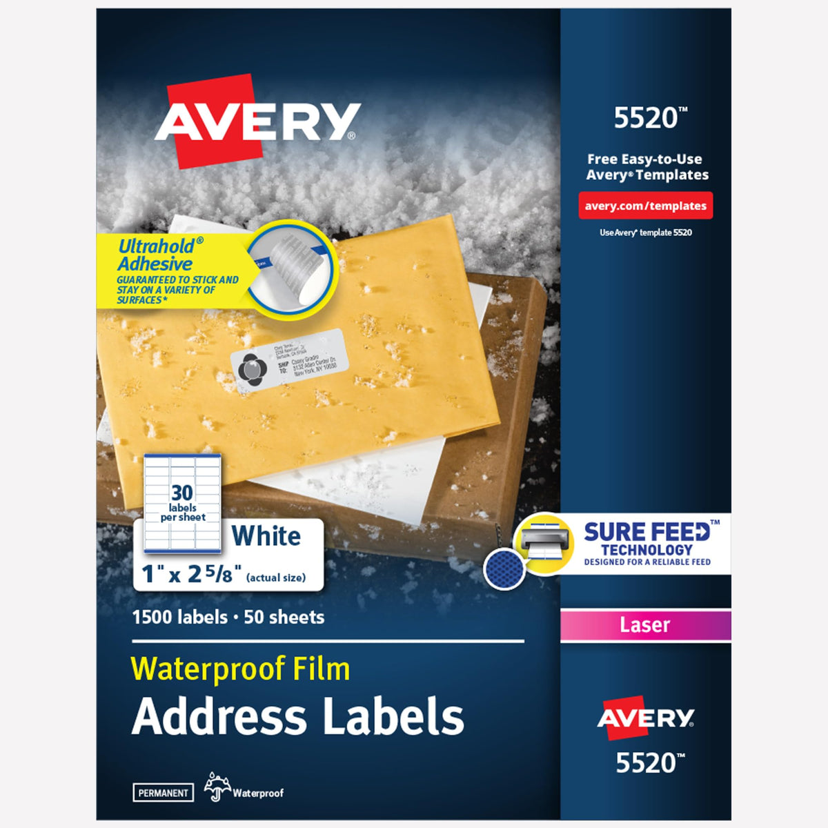 Avery Durable Waterproof Address Labels with Sure Feed Technology, 1" x 2-5/8", White, Laser & Pigment-Inkjet Compatible, 1,500 Blank Labels Total, Great for Mailing, Branding, and More (5520) 1 Count