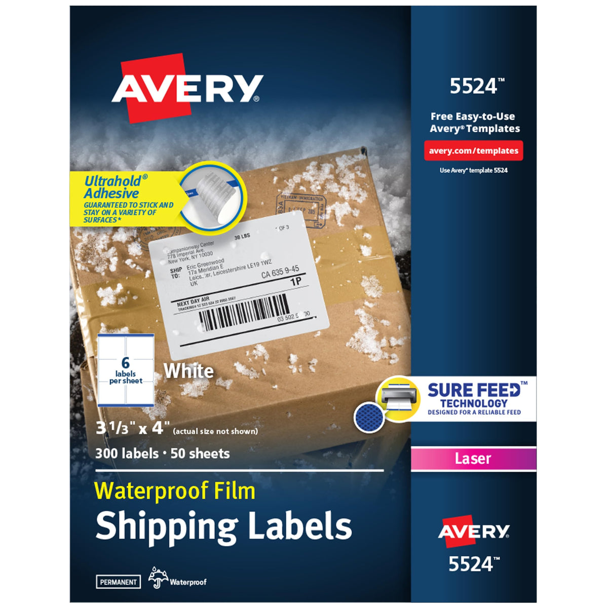 Avery Durable Waterproof Shipping Labels with Sure Feed Technology, 3-1/3" x 4", White, Laser Compatible, 300 Blank Labels Total, Great for Mailing, Branding, and More (5524) 3-1/3" x 4" (Pack of 1) 300 labels