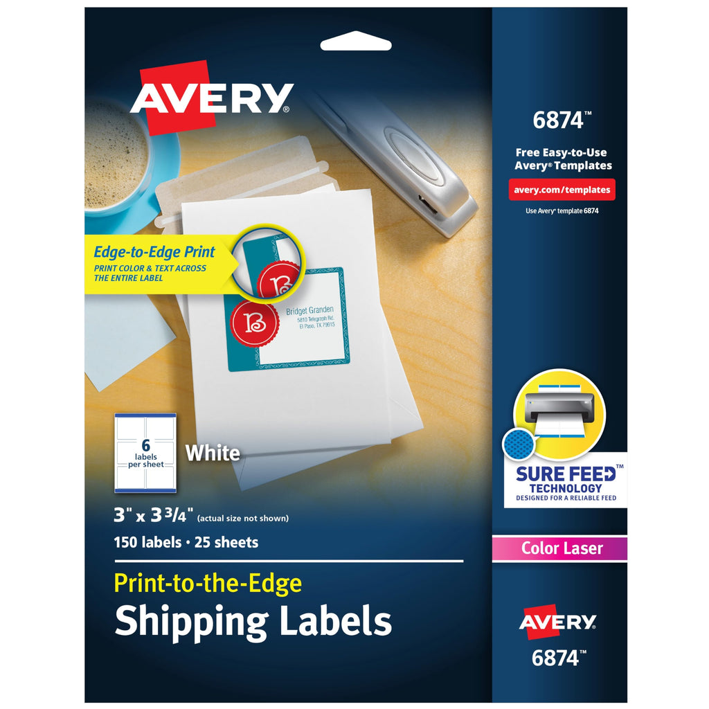 Avery® Print-to-the-Edge Printable Shipping Labels, 3" x 3.75", Matte White, Sure Feed® Technology, Laser & Inkjet Compatible, 150 Blank Labels, Great for Mailing, Branding, and More (6874) 1