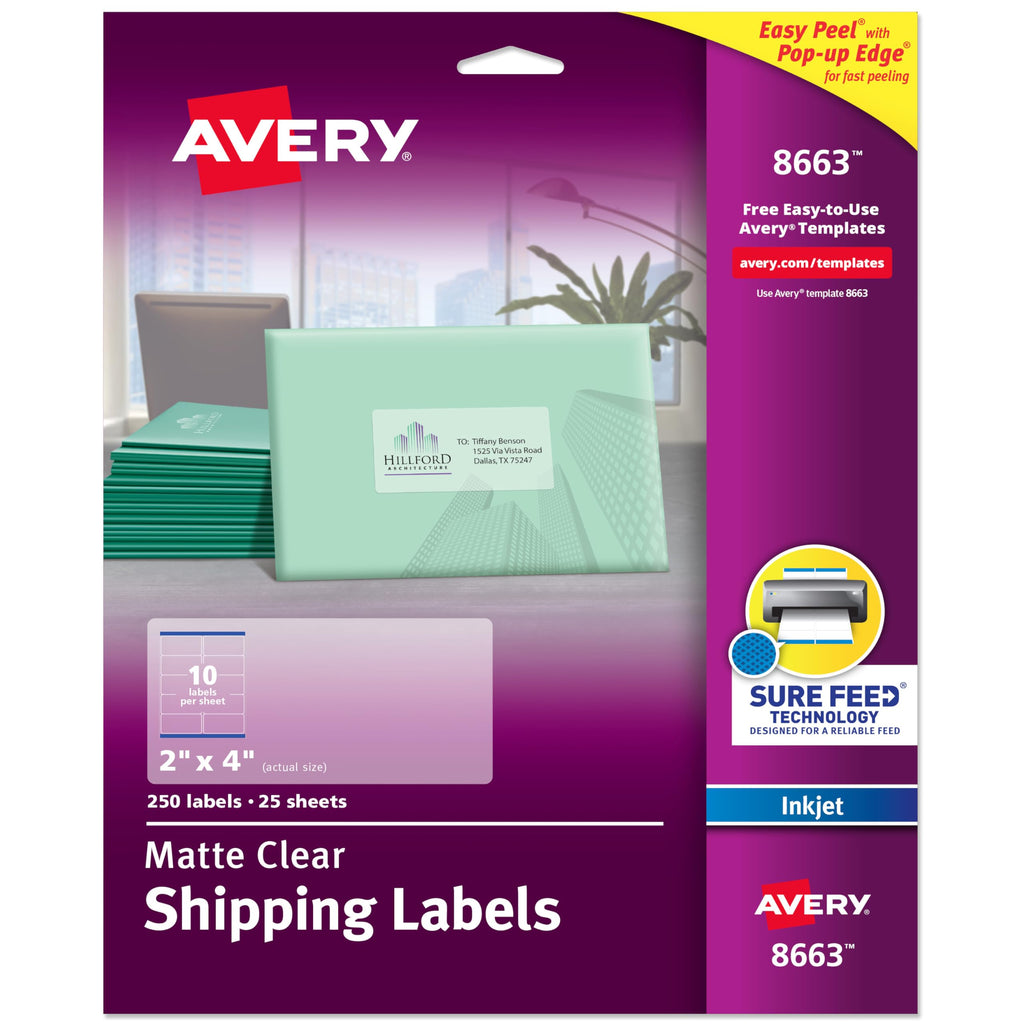 Avery Printable Shipping Labels with Sure Feed, 2" x 4" Customizable Stickers, Matte Clear, 250 Blank Mailing Labels, Great for Mailing, Shipping, and More (8663) 1