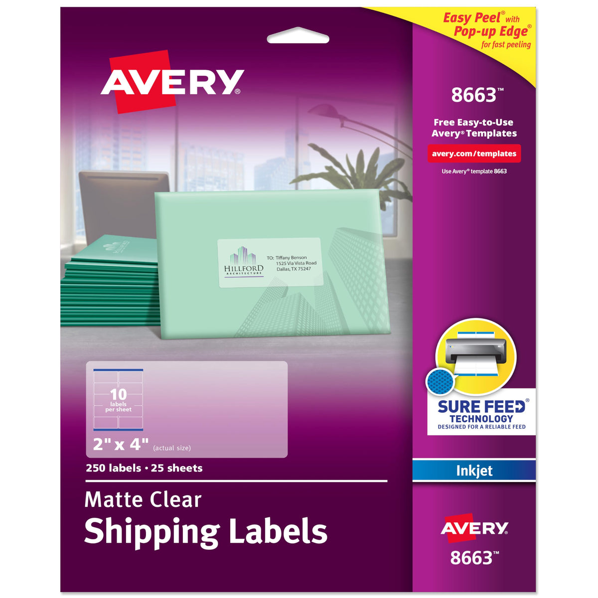 Avery Printable Shipping Labels with Sure Feed, 2" x 4" Customizable Stickers, Matte Clear, 250 Blank Mailing Labels, Great for Mailing, Shipping, and More (8663) 1