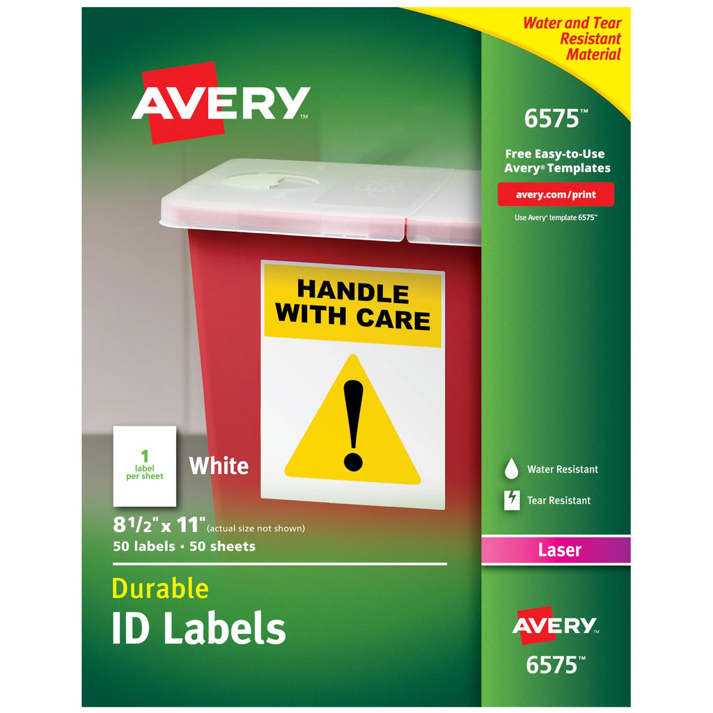 Avery Durable White Cover Up ID Labels for Laser Printers, 8.5" x 11", Pack of 50 (6575) 8-1/2" x 11"