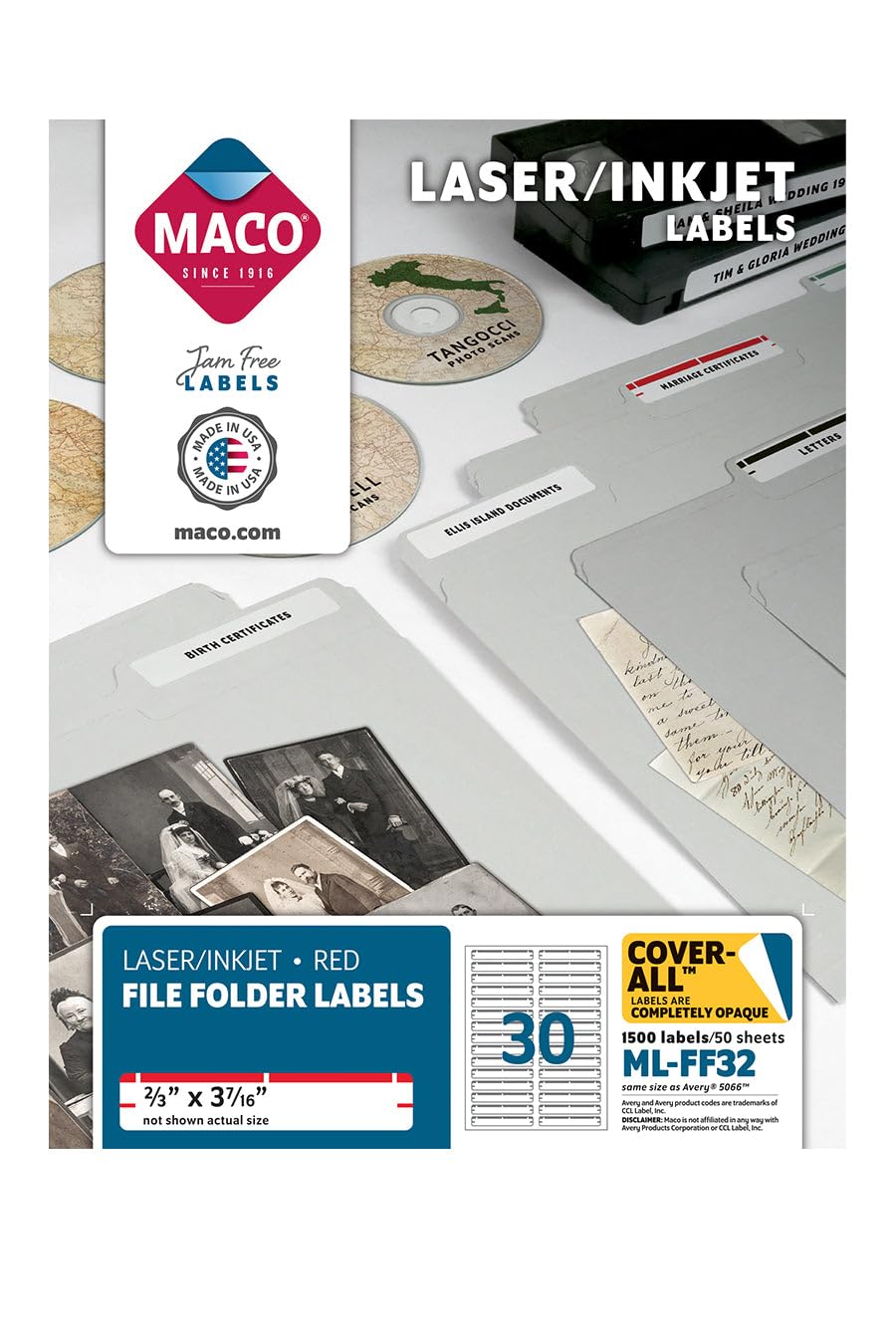MACO Laser/Ink Jet Red File Folder Labels, 2/3" x 3-7/16", 30 per Sheet, 1500 per Box (ML-FF32)