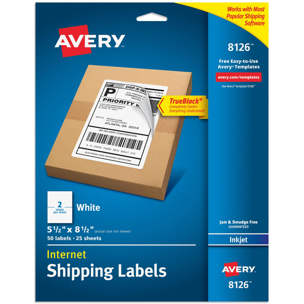 Avery Half-Sheet Printable Shipping Labels, 5.5" x 8.5" Customizable Stickers, White, 50 Blank Mailing Labels, Great for Mailing, Shipping, Organizing, and More (8126) 50 Count