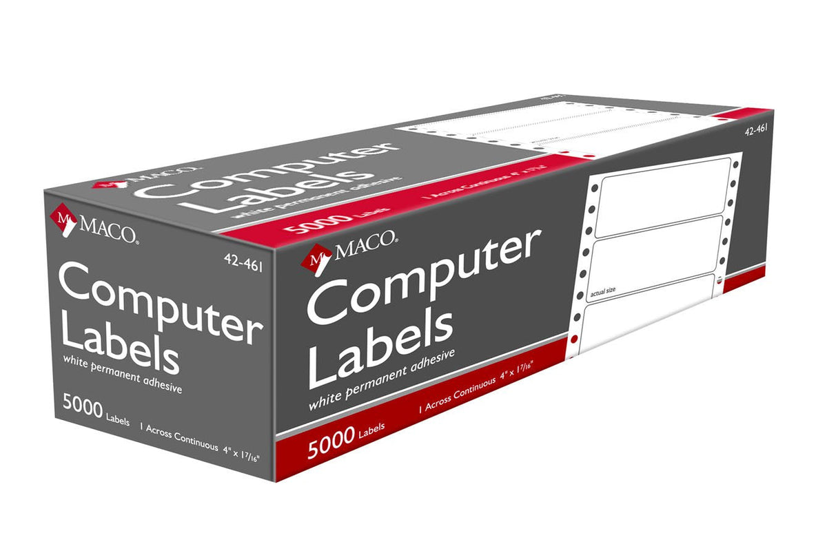 MACO Pinfeed Hi-Speed Continuous White Labels, 4 x 1-7/16 Inches, 4.75 Inch Carrier Width, 5000 Per Box (42-461)
