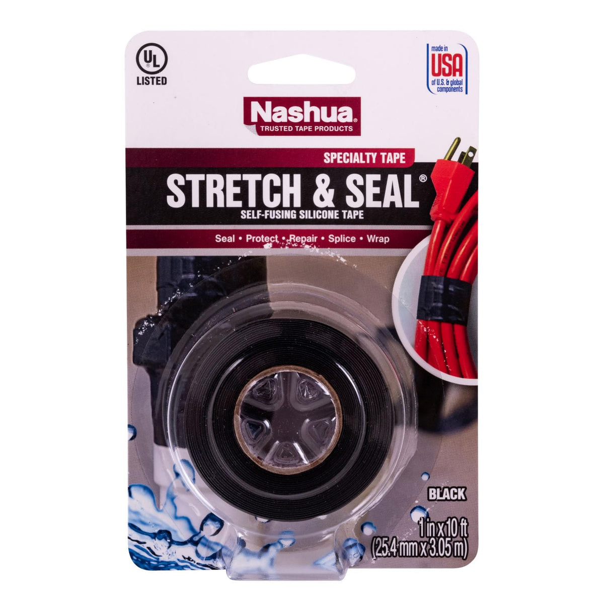 Nashua Self-Fusing Rubber Stretch and Seal Tape, 20 mil Thick, 10' Length, 1" Width, Black 1 in X 10ft