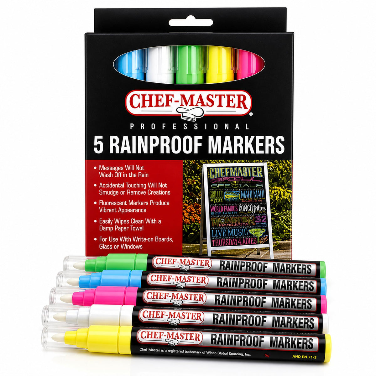 Chef Master Waterproof Markers, 5 Vibrant Colors, No Smudge, Rainproof