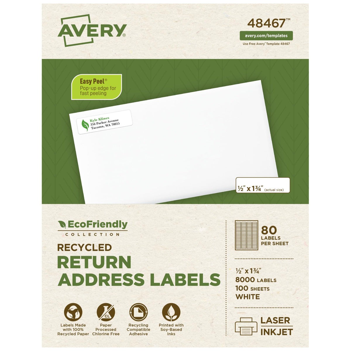 Avery® EcoFriendly Recycled Return Address Labels, 1/2" x 1-3/4", White, Permanent Label Adhesive, 8,000 Printable Labels (48467) 8,000 labels 1/2" x 1-3/4"