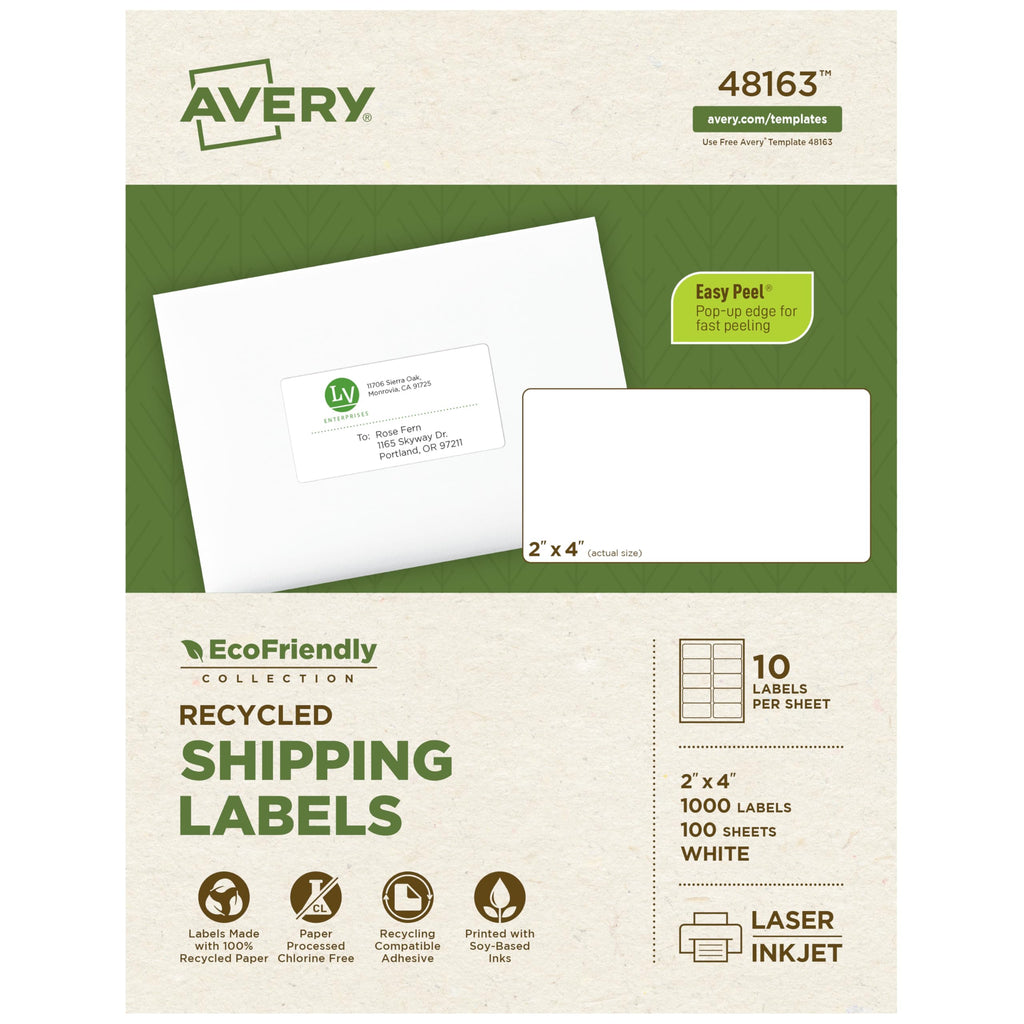 Avery® EcoFriendly Recycled Shipping Labels, 2" x 4", White, Permanent Adhesive, Laser & Inkjet Printers, 1,000 Total, Great for Shipping and Mailing, Product Merchandising, and More (48163) 1,000 labels 2" x 4"