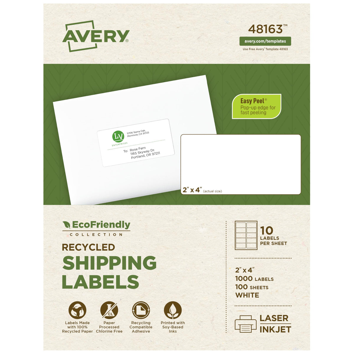 Avery® EcoFriendly Recycled Shipping Labels, 2" x 4", White, Permanent Adhesive, Laser & Inkjet Printers, 1,000 Total, Great for Shipping and Mailing, Product Merchandising, and More (48163) 1,000 labels 2" x 4"